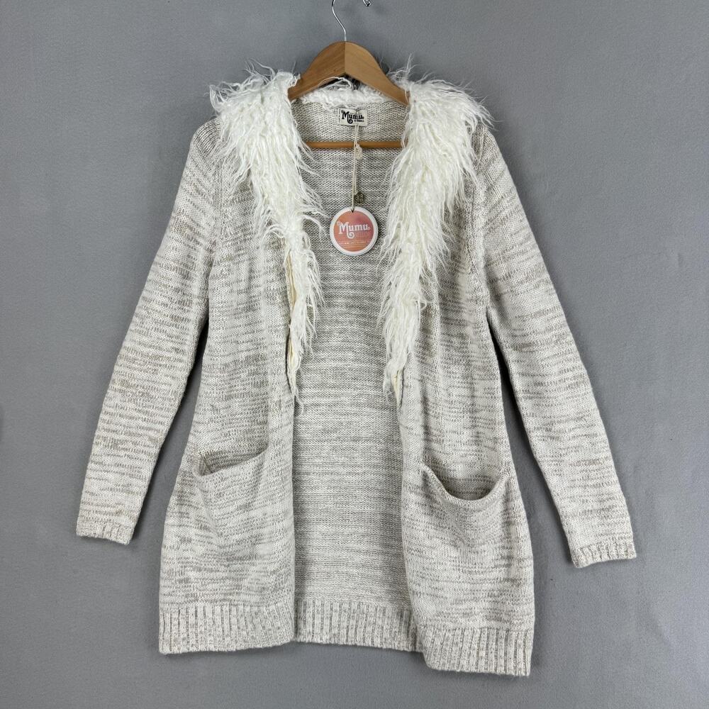 Show Me Your Mumu Cardigan Sweater Womens XS White Faux Fur Roadie Knit